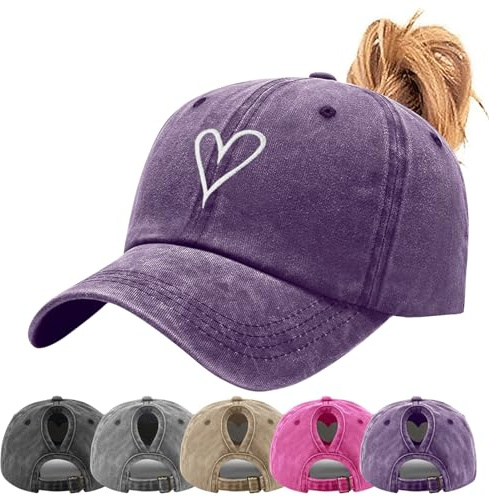 Tiakay Pferdeschwanz Baseball Cap mit Herzförmiges Stickmuster Damen Verstellbare Baseballkappe Vintage Mützen Sonnenschutz Basecap Mit Zopf Loch Verstellbarer Sonnenhut Camping-Wanderhut
