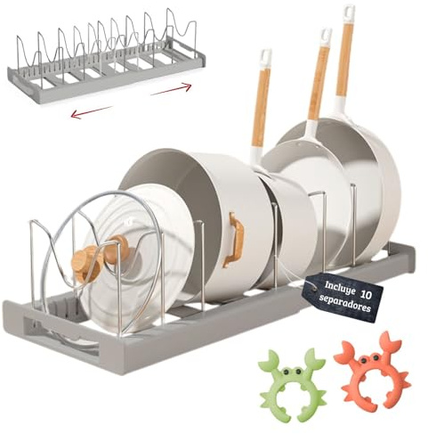 ELISPACES Organizador de Sartenes y Ollas Extensible con 10 Separadores | 2 Clips de Silicona Antiderrame - Soporte de Espátula | Soporte Ajustable para Almacenaje de Tapas, Ollas, Sartenes, Platos...