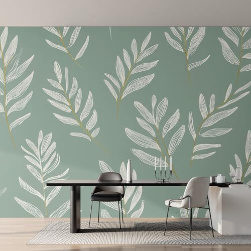 White Leaves Wallpaper for Living Room, Sage Green Plant Wall Mural, Non-Woven Photo Wallpaper for Bedroom, Home Decor Wall Paper 450 x 315 cm (W x H) Y&W34