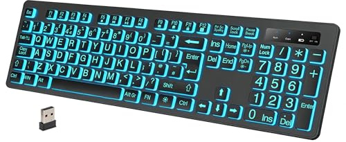 DHKBL Large Print Backlit Wireless Computer Keyboard – 7 Interchangeable Backlight Colors, 2.4GHz Rechargeable UK Full Size Keyboard with Num Pad, £ Key, Adjustable Feet for Windows PC Laptop (QWERTY)
