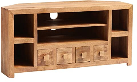ZXLIHS Dakota Corner TV Stand Light Mango Wood Media Entertainment Cabinet Cable Managment Hole with 4 Shelves and 4 Small Drawers for Living Room (Brown, 110CM X 45CM X 55CM LXDXH)
