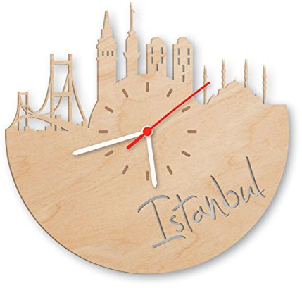 Skyline Istanbul Wanduhr aus Birken-Holz Made in Germany | Design Uhr aus Echtholz | Wand-Deko aus Birke | Originelle Wand-Uhr | Moderne Wand-Uhr im Skyline Design | Wand-Dekoration aus Natur-Holz