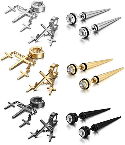 Aroncent Kreuz Ohrstecker Fake Plug: 6 Paare Unisex Edelstahl Ohrringe Kreuz Piercing Taper Punk Dehnstab Tunnel Piercing Ohrstecker Strass Stecker Ohrhänger für Damen Herren Gold Silber Schwarz