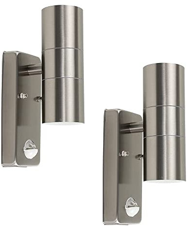 MiniSun | Modern Stainless Steel Up/Down Security Wall Lights with PIR Motion Sensor | Security Lighting, Home Décor & Improvement Essential | Set of 2