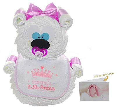 dubistda© Windeltorte Windelbär rosa - optional Schnullerkette mit Name / 47-teilig / 40cm