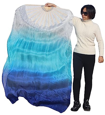 Winged Sirenny Pair Large Belly Dance Silk Fan Veils 180cm (71in), Hand-dyed Flow Art Props for Bellydance, Stage Shows & Performances with Bamboo Handles + Carry Bag (white-turquoise-blue)