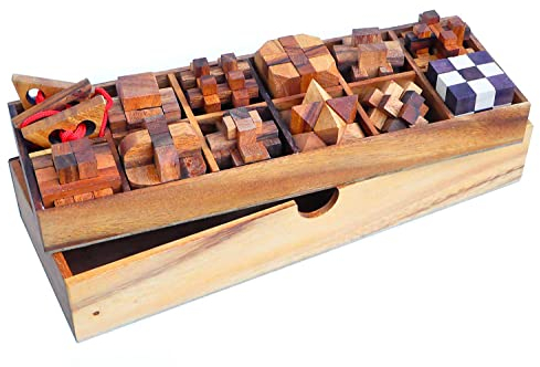 Logica Spiele Art. Holz Set 12 in 1 - Denkspiele aus Edlem Holz - 3D Denkspiele Set - Knobelspiele - Leonardo da Vinci Kollektion