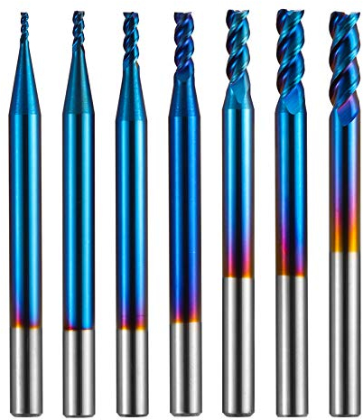 Genmitsu 7 Stücke 3 Flute Schaftfräser für Aluminium, Nano Blue Beschichtung CNC-Fräser-Bits, hohe Vorschubung, U-Typ-Design, zum Schruppen und Finishing, 4 mm Schaft, SN07A