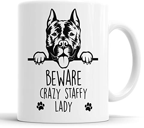 Faithful Prints Staffy Beware Crazy Staffy Lady Mug Pet Present Staffordshire Bull Terrier Dog Mum Dad Friend Joke Funny Gift Cup Birthday Christmas, Ceramic Mug