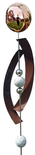 Jürgen Bocker Garten-Ambiente Gartenstecker Skulptur Deimos 145 cm aus Cortenstahl & Edelstahl mit obere Kugel Edelstahl Golden Rose poliert