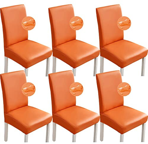 Bestenrose Stuhlhussen 6er/4er PU Leder Stuhlbezug wasserdichte Stretch Esszimmer Stuhlüberzug Stretch Stuhl Husse Universell Stuhlhussen Haus Büro Restaurant (6-Stück, Orange)