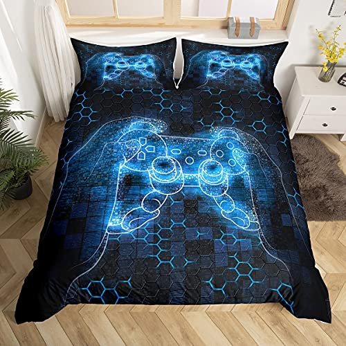 Homemissing Gamer Housse de Couette Kids Gaming Video Game Parure de Lit 240x260cm Console de Jeux Honeycomb Parure Housse de Couette pour Garçons Game Room Decor Bleu Noir Hexagone Géométrique
