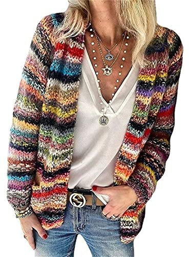 ZFLYLPA Women's Rainbow Cardigan Cardigan Sweater Multi-Colored Striped Front Open Autumn Winter Knitted Sweater Oversize Cardigan Cover Up Sweater Jacket (Color : Red, Size : XXL)