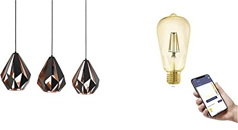 EGLO Pendelleuchte Carlton 1, Vintage LED Hängelampe inkl. 3 E27 Smart Home connect.z Retro-Leuchtmittel, dimmbare Hängeleuchte aus Stahl in schwarz und kupfer, warmweiß