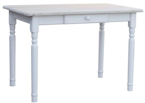 k koma Esstisch/Küchentisch aus massiver Kiefer – Beine weiß lackiert, Tischplatte Natur (unbehandelt) – mit Schublade – NEU (60 x 100)