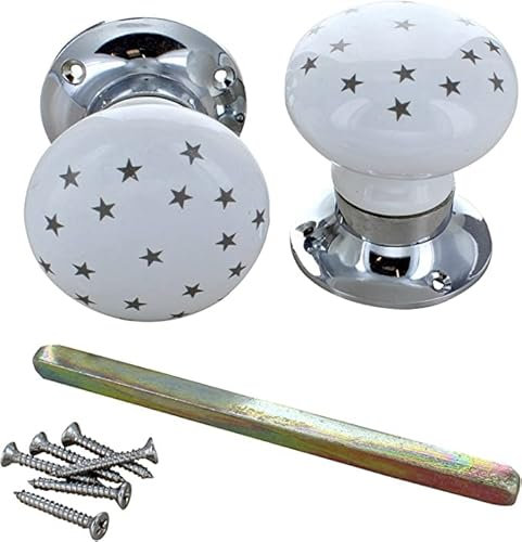 G Decor Grey Stars on White Ceramic Silver Chrome Mortice Door Knobs Interior, Home Improvement Accessories, Bedroom Bathroom Kitchen Handles (Pair)