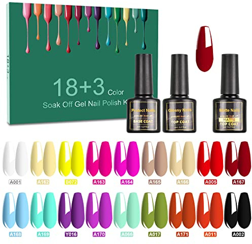 SINZONeu Smalto Semi-Permanente 21 Manicure Nail Art Set Smalto UV LED Soak Off 18 Colori Fluorescenti Popolari, Base e Top Coat Matt, 8ml