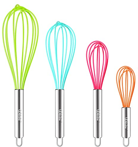 Webake Silicone Whisk Large Medium Small and Mini Whisk Set of 4, Heat Resistant Non-scratch Coated Kitchen Whisks for Cooking Nonstick Cookware, 4 Color Balloon Egg Wisk