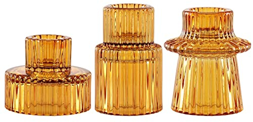 SPETYORT Kerzenhalter aus Glas, 3 Stück Glas Kerzenständer für Tischdekoration, Mehrzweck-Dekoration, dekorativer Kerzenhalter für Säulen/Spitzen/Teelichtern (Bernstein, 3 Stück)