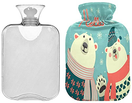 Winter Polar Bears Hot Water Bottle with Cover, 2 Liter Hot Water Bag for Pain Relief Hand Feet Warmer, Hot Therapy
