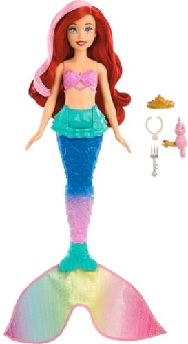 Mattel DISNEY Arielle - Meerjungfrauenpuppe mit Farbwechseleffekt, inklusive Seepferdchen-Freund, Diadem, Halskette und Dingelhopper für Unterwasserabenteuer, HPD43