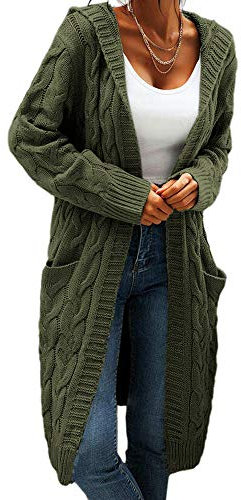 GeGekoko Women Hooded Open Front Cardigan Cable Knit Sweaters Solid Color Chunky Long Sweater Coats ArmyGreen