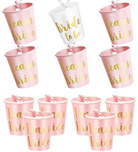 KERANEET 12 Stück Braut Kunststoff Tassen Team Bride Schnapsgläser Team Braut Halskette Bachelorette Schnapsglas Halskette mit Kette für Versammlungen Partys Feste Freunde Familie