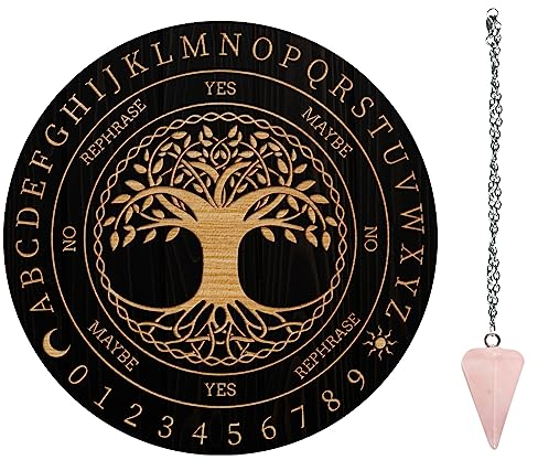 AHANDMAKER Ensemble de Planches à Pendule Tableau de Divination de Radiesthésie Tableau de Message Métaphysique avec Collier de Pendule en Cristal pour Fournitures D'Autel de Sorcellerie, Arbre de Vie