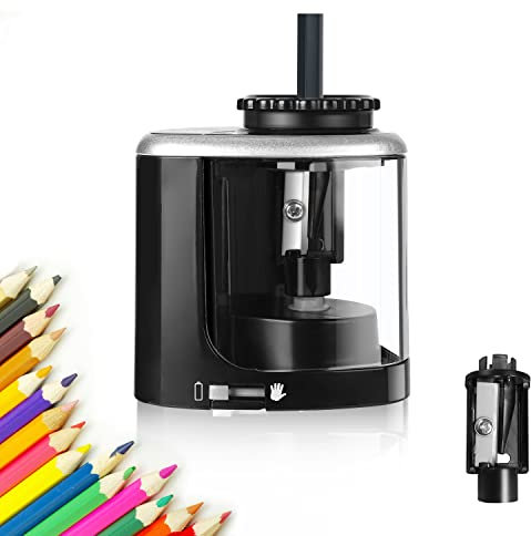 Skaaisont Electric Pencil Sharpener, Pencil Sharpener with Container, Battery Powered, Interchangeable Blade, Safe Non-Slip Portable Electric Sharpener for Home, Office, School (Black)