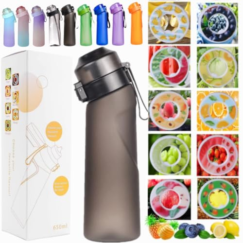 Trinkflasche Starter Up Set mit 10 aromatischen Waffeln, Trinkflaschen 650 ml Flasche Obst Duft Süßwasser E%0 Tasse Wasser für und Outdoor Fitnessstudio (Matte Black+10Pods)