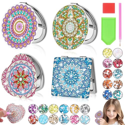 AUAUY DIY 5d Diamond Painting Taschenspiegel, 4PCS Diamond Painting Personalisiert Reisespiegel Art Craft Kit für Erwachsene Kinder Basteln Mädchen 8-10 Jahre Diamant Malerei Weihnachten Geschenke