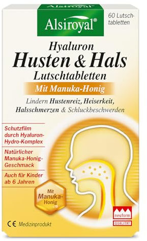 Alsiroyal Hyaluron Husten & Hals Lutschtabletten, 60 Stk. - bei Hustenreiz & Heiserkeit - Mit Hyaluron-Hydro-Komplex & Manuka-Honig - natürlicher Geschmack, für Erwachsene & Kinder ab 6 Jahren