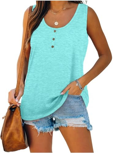 iChunhua Long Vest Tops for Women Sleeveless Button Down Scoop Neck Summer Tank Top Green Small