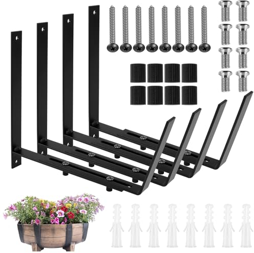4 soportes para jardineras de color negro, soporte de bandeja de flores resistente y ajustable en ancho, gancho para jardineras de metal para arrendamientos de guardabarros de ventanas, jardines