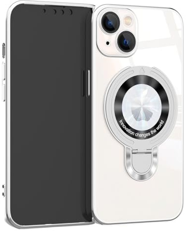 EiYioun Plated Case for iPhone 13 Mini with Metal Ring Holder Stand [Compatible with MagSafe], Shockproof Non-Slip Slim Fit Protective Phone Bumper Cover for iPhone 13 Mini Silver