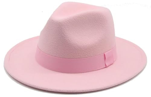 Fedora Trilby Filzhut Hut Damenhut Herren-Fedora-Hüte Breite Krempe Gürtel Bandband Solide Klassisch Formelle Kleidung Hochzeit Fedora-Hüte Für Herren 56–58 cm (Erwachsene) Rosa