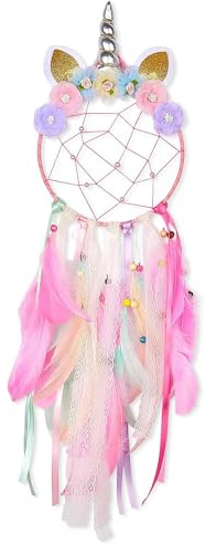 Tinkber 1 Stück Einhorn Traumfänger, Handgefertigt Gewebt, Rosa, Für Kinder & Damen, Hochzeiten & Geburtstagsfeiern, Hängend, Stoff, Federn, Perlen