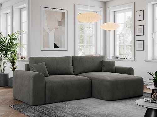 MKS MEBLE Sofa L-Form, Ecksofa mit Schlaffunktion, Wohnlandschaft L-Form mit Kissen, Couch L-Form - Nelson - Dunkelgrau Velvet