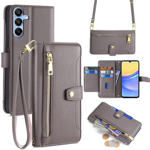 Handykette Hülle Kompatibel mit Samsung Galaxy A15 | Leder Handyhülle mit Kartenfächern | Frauen Brieftasche Klapphülle zum Umhängen | Grau