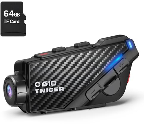 TNICER Motorcycle Bluetooth Headset with Camera G10, 2K HD Helmet Camera with EIS, 8-Way 1000m Intercom, WiFi Recording, 64G Card, Medium, Black