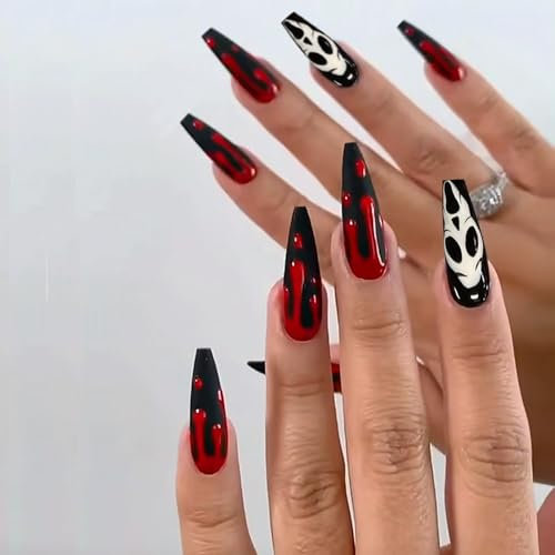 Halloween Fake Nails,24pcs Long Funny Faces Fake Nails,Halloween Press on Nails,Acrylic French Stick on Nails with Glue, Full Cover Manicure (Red Ghost, 1)