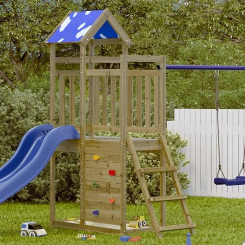Lechnical Play Tower with Rockwall 110.5x52.5x215cm Impregnated Wood Pine,Outdoor Kids Playhouse,Play Tower,Playground Equipment-845925