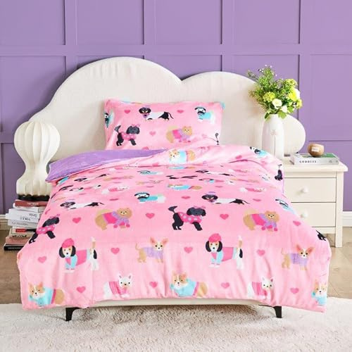 Lions - Christmas Teddy Fleece Bedding - Single Duvet Cover Set (137x200cm) with Pillowcase - Soft Reversible Warm Cosy Printed Quilt Covers for Boys Girls, Kids Pink Bed Sets