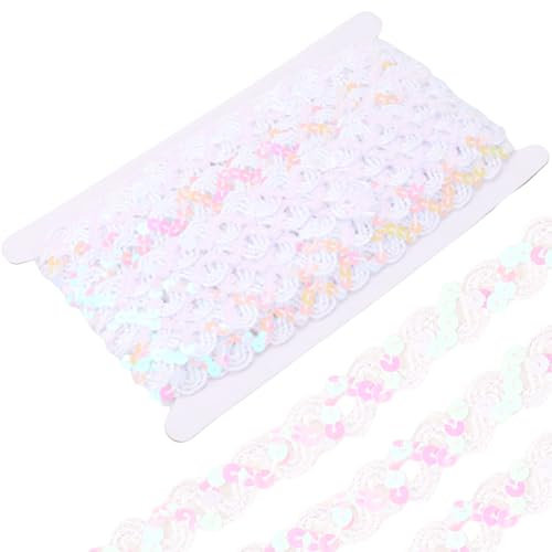 CABODYALS 11 m Weißer Paillettenbesatz Glitzernde Gewellte Paillettenrolle Aus Polyester Funkelnde Flache Runde Pailletten Stickstreifen Bänder Zum Nähen Herstellen von Kleidungszubehör Basteln Gesche