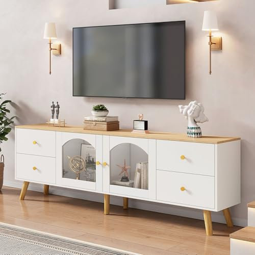 TV-Schrank mit 2 Seitentüren Hartglas, TV Lowboard mit geschwungenem Design, Fernsehschrank für TV bis 70 Zoll, Deko Schrank für Wohnzimmer, Eingangsbereich, Weißes Original-Holzdekor TV Tisch
