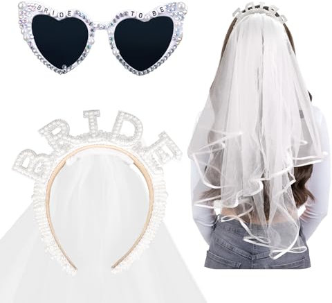 Bride to Be Haarreif, JGA Accessoires Frauen -Bride Perlen Haarreif Schleier+Herz Sonnenbrille Perle, JGA deko frauen für Junggesellenabschied Brautparty und Hochzeitsfotografie Accessoires