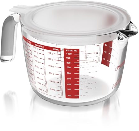 Arendo – Messbecher Glas 1l – 1000 ml - Messkrug Borosilikatglas - hitzebeständiges Glas – Mikrowellen geeignet - präzise Skala
