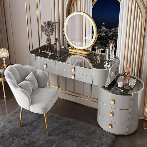 Schminktisch mit Spiegel, Kosmetiktischmit mit kabellosem Ladegerät und Bluetooth-Lautsprecher, Frisiertisch mit 6 Schubladen Geschenk für Mädchen (Gray-Gold, 80cm Tempered Glass Tabletop)