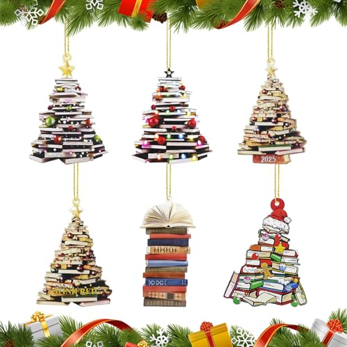 Weihnachtsbaumschmuck 6 Stück,Weihnachtsbaum Form Bücherregal Anhänger | Acryl Bücher Gestapelt Ornament Weihnachtsanhänger,2D Flat Weihnachten Deko,Christbaumschmuck Ornament Geschenke