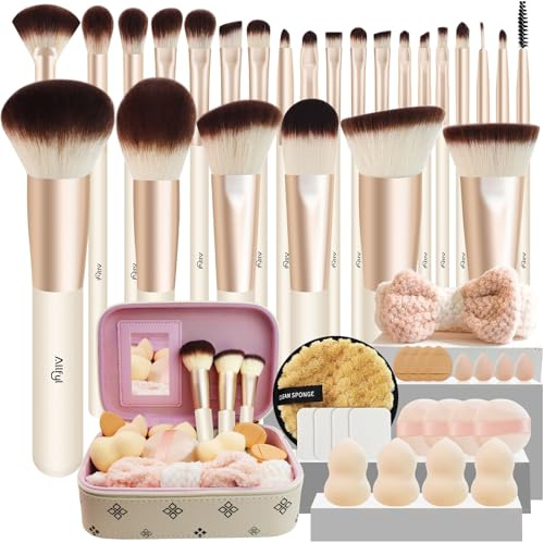 ALLFYL Kit de 49 Pinceaux Maquillages Professionnels Premium avec Pinceau Fond de Teint - Set Complet de Pinceaux Maquillage pour Contour, Fards & Poudre - Écrin Cuir avec Miroir - Idée Parfaite